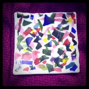 🍁 Small fused glass curved confetti plate OOAK